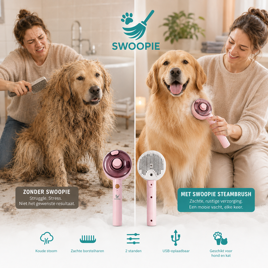 Swoopie SteamBrush™ – Zelfreinigende Sprayborstel voor Hond & Kat | Verwijdert Losse Haren | USB-Oplaadbare Vachtborstel met Fijne Nevel