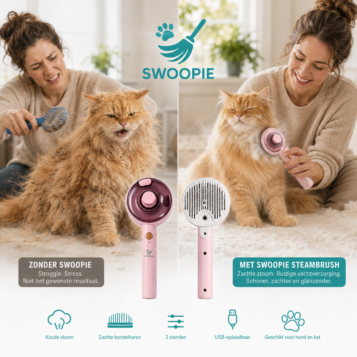 Swoopie SteamBrush™ – Zelfreinigende Sprayborstel voor Hond & Kat | Verwijdert Losse Haren | USB-Oplaadbare Vachtborstel met Fijne Nevel