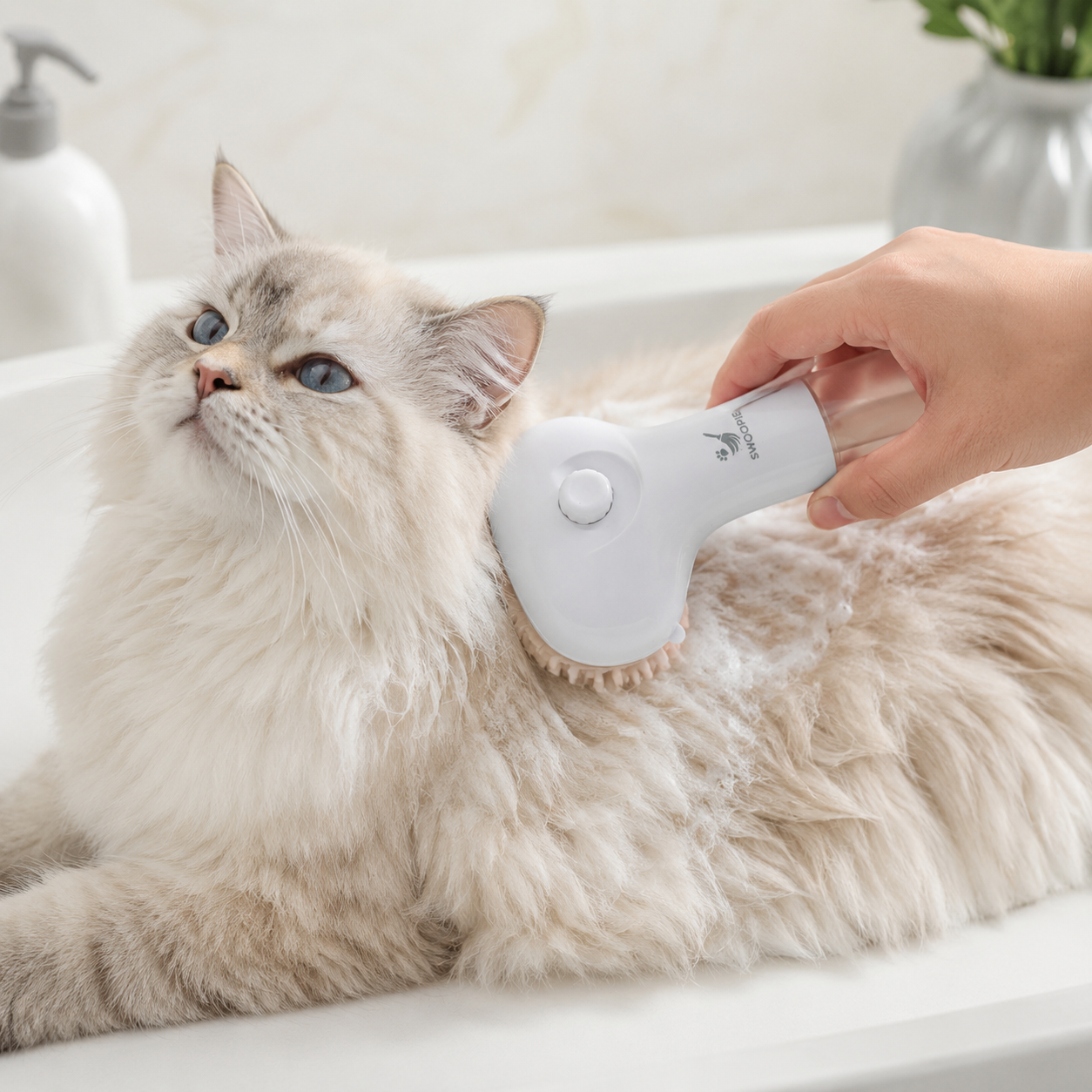 Swoopie SoapFlow™ Roze – Zelfreinigende Verzorgingsborstel voor Hond & Kat | Borstel met Shampoo Dispenser | Tussen Wasbeurten Door